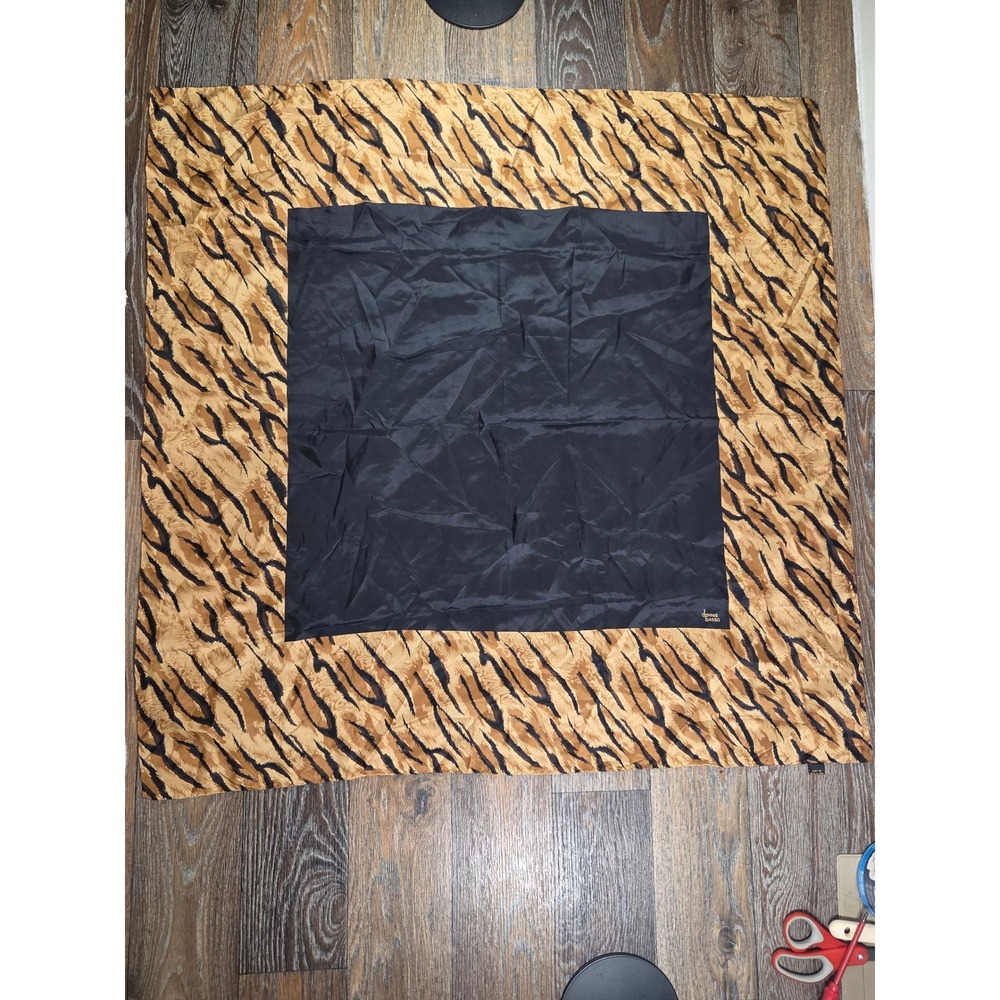 Dennis Basso Silk Square Scarf Tiger Stripe Animal Print Black Tan Brown Luxury